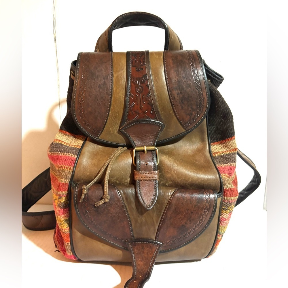 Anna Cainzo wool woven backpack with leather strap & trim